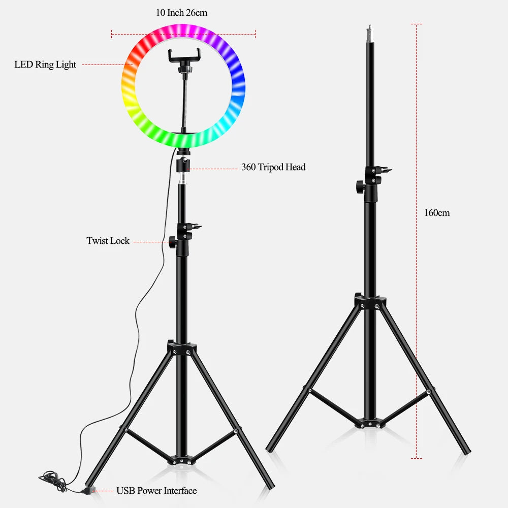 10 Inch RGB Ring Light With Remote LED Photographic Ring Light Bluetooth Selfie Tripod With 3 Phone holder Stand for Tik Tok