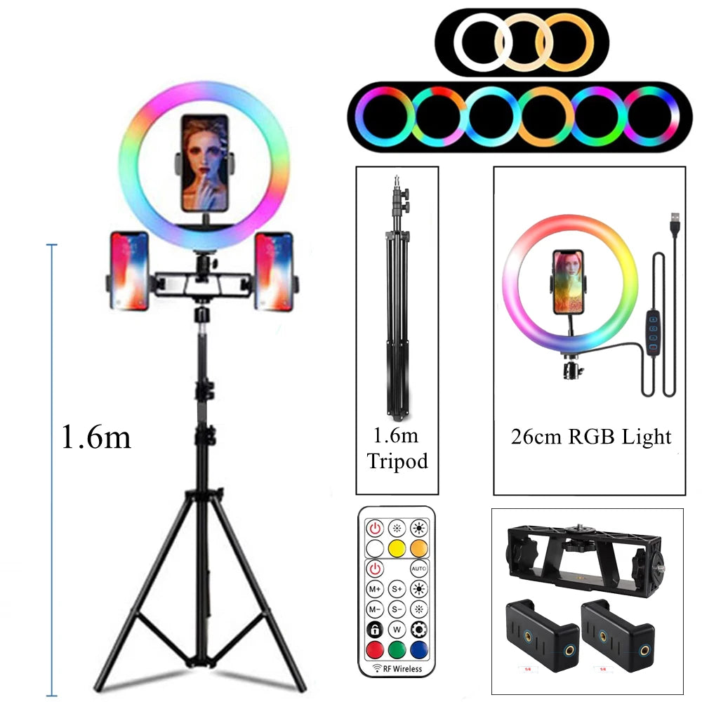 10 Inch RGB Ring Light With Remote LED Photographic Ring Light Bluetooth Selfie Tripod With 3 Phone holder Stand for Tik Tok