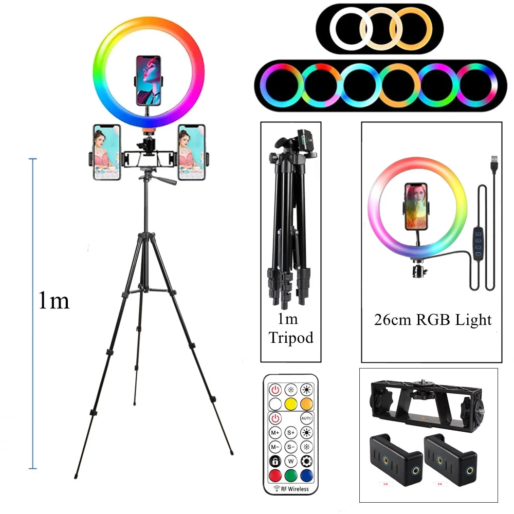 10 Inch RGB Ring Light With Remote LED Photographic Ring Light Bluetooth Selfie Tripod With 3 Phone holder Stand for Tik Tok