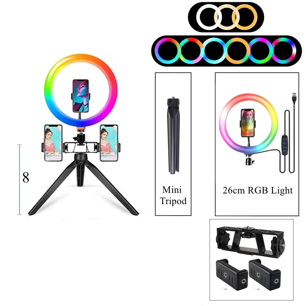 10 Inch RGB Ring Light With Remote LED Photographic Ring Light Bluetooth Selfie Tripod With 3 Phone holder Stand for Tik Tok