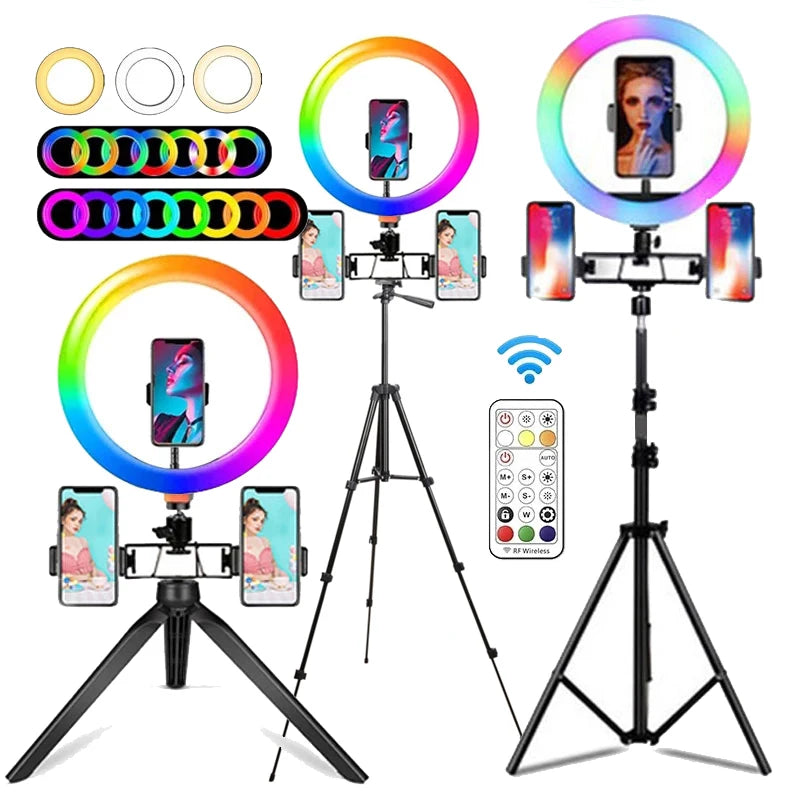 10 Inch RGB Ring Light With Remote LED Photographic Ring Light Bluetooth Selfie Tripod With 3 Phone holder Stand for Tik Tok